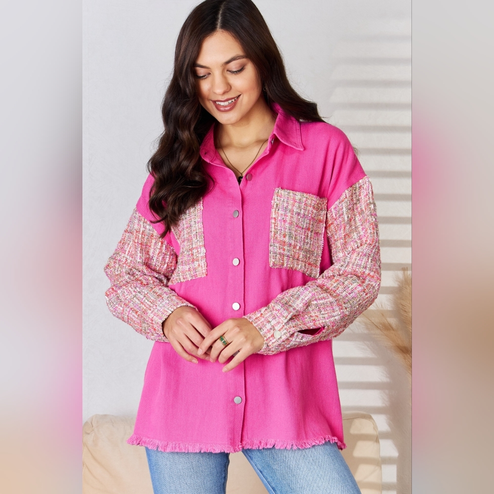 And The Why Designer Fuchsia Tweed Detailed Button Down Raw Hem Shacket 20% OFF